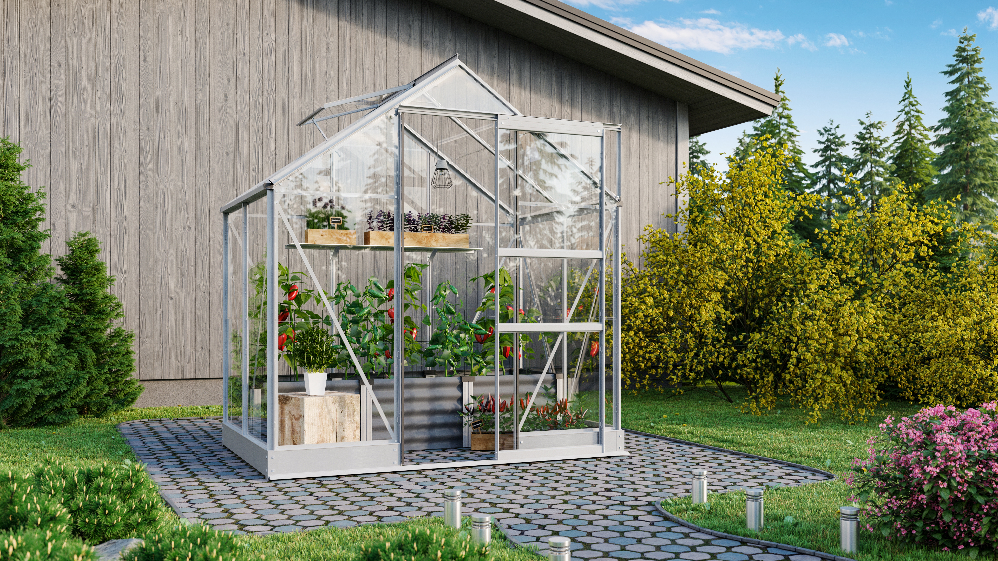 Vitavia Gewächshaus Eris 2500 inkl. 1 Dachfenster, Regenrinnen, Stahlfundamentrahmen - 2,5 m²