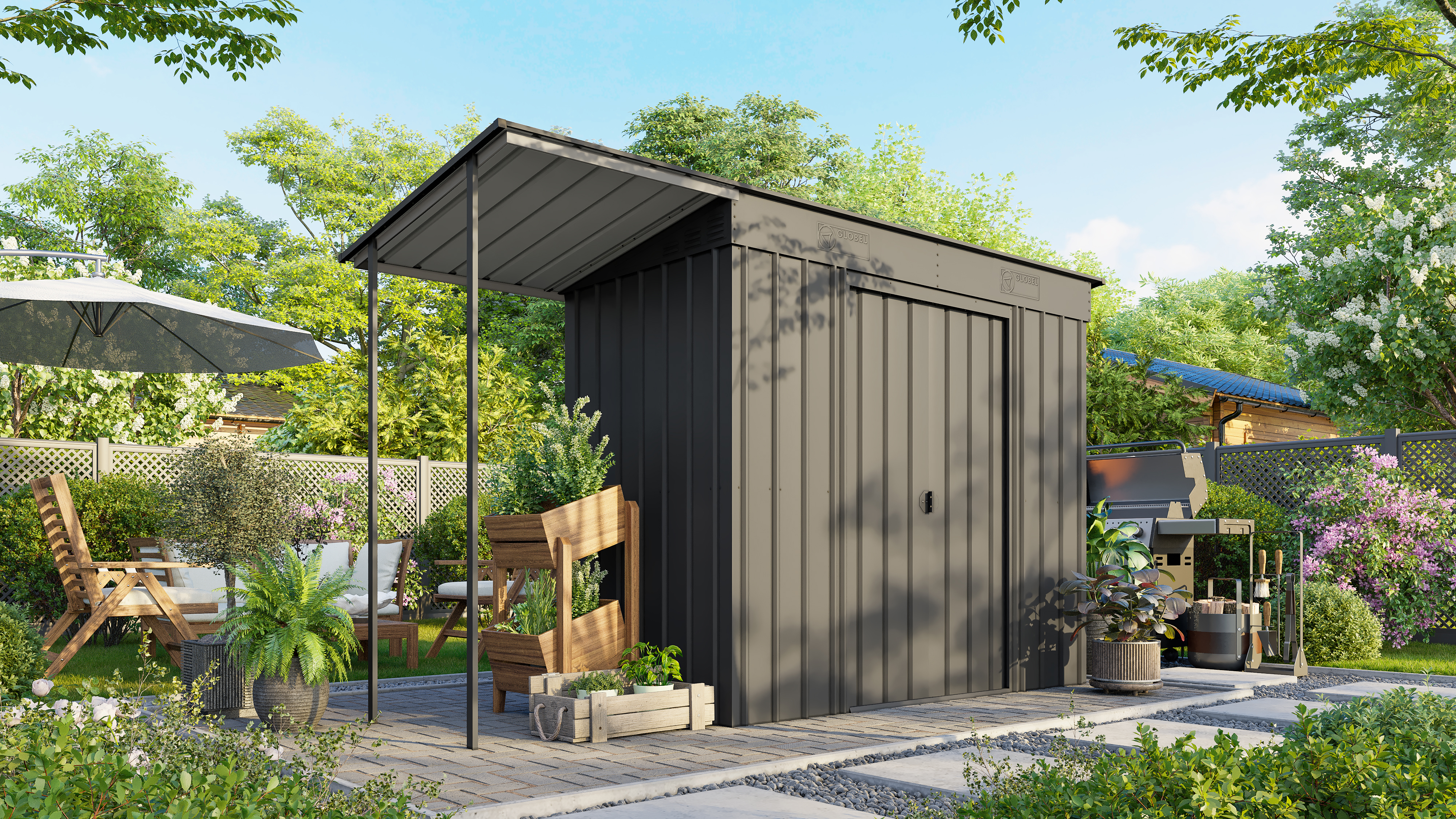 Globel Metallgerätehaus Skillion S64 - S84 anthrazit Set inkl. Schleppdach